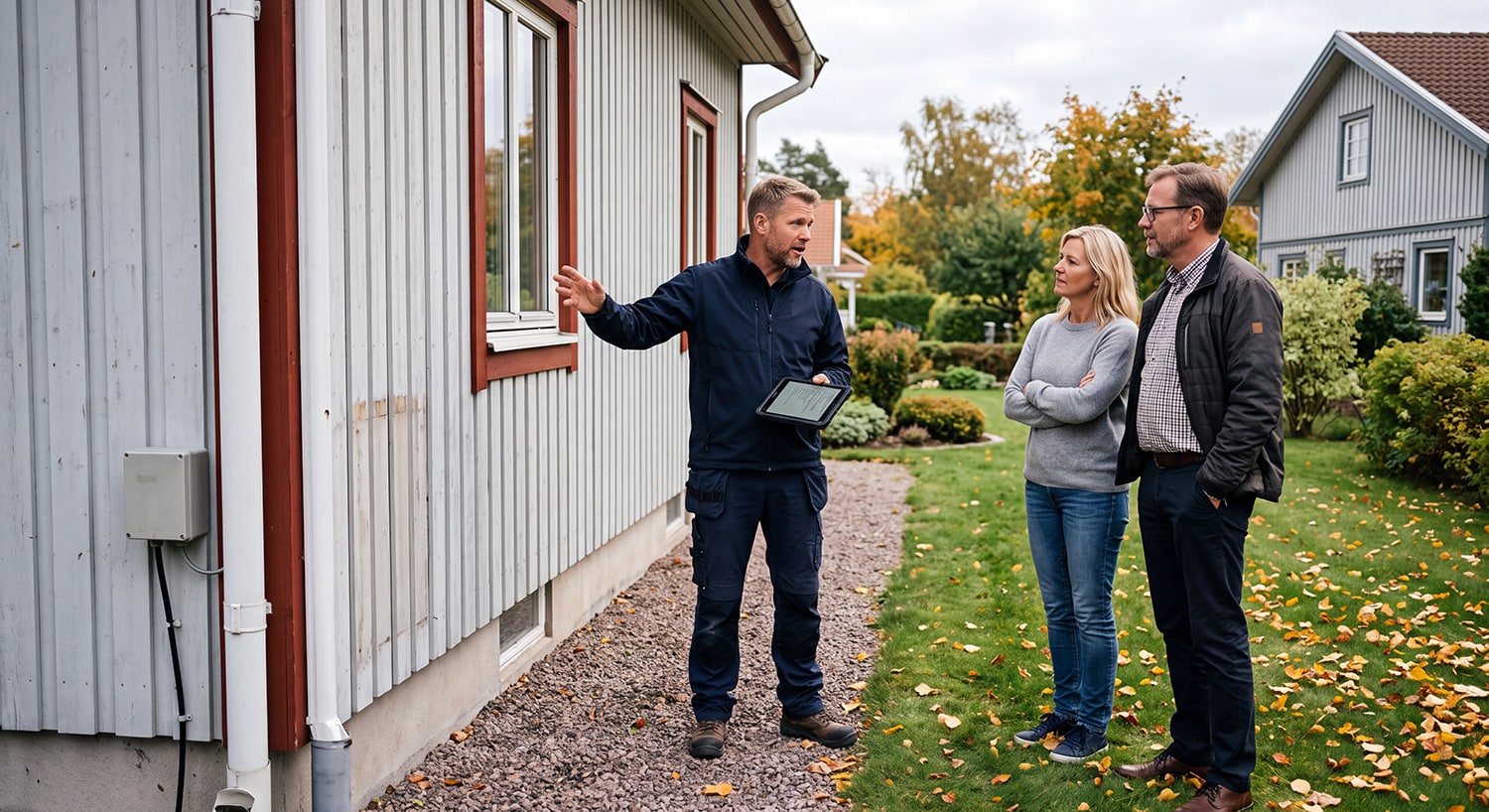 Luftvärmepumpsexpert från Elon på hembesök visar var utomhusdelen ska sitta